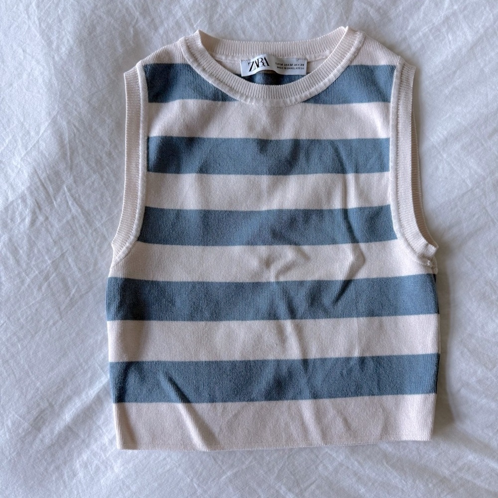 Zara Striped Blue and Cream Sleeveless Top